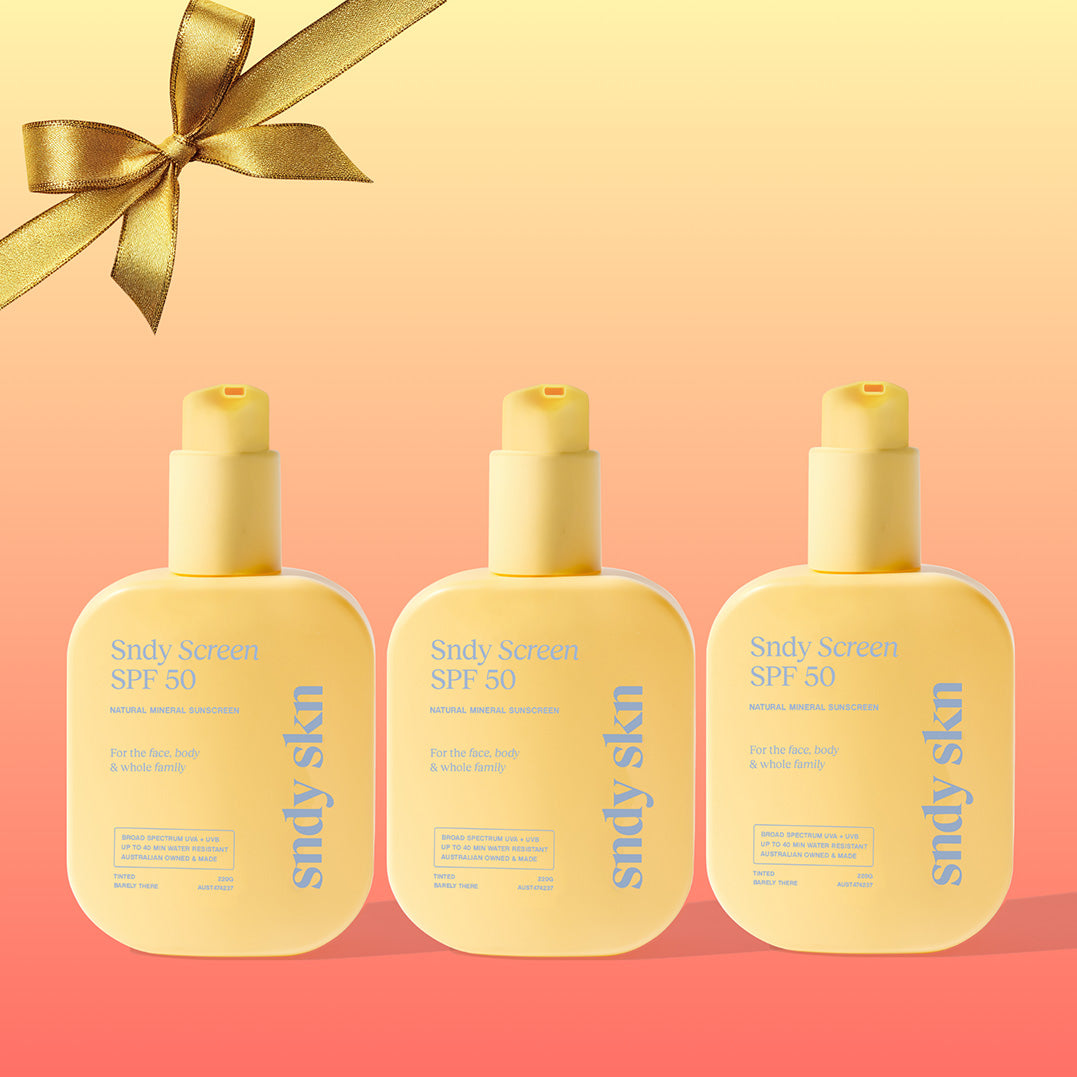 SNDY SKN always protected bundle  natural SPF50 sunscreen bottle with reef-safe, vegan ingredients for whole family