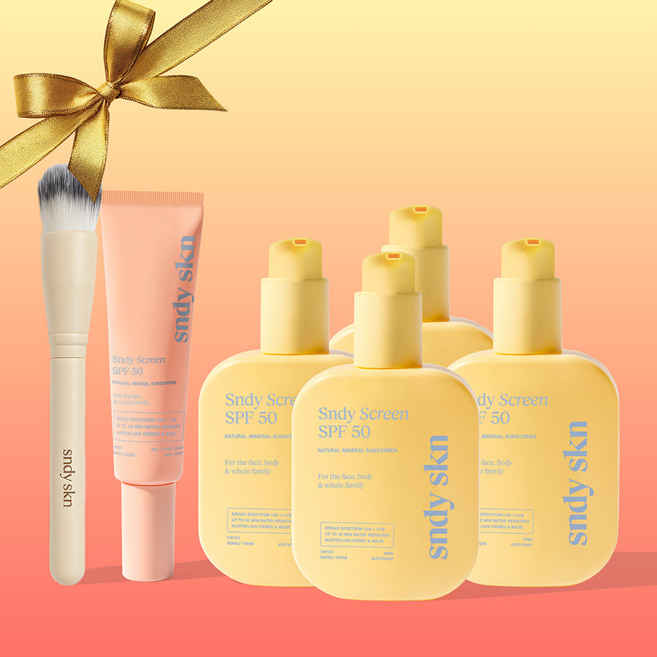 SNDY SKN 220ml bottle family bundle natural SPF50 sunscreen bottle with reef-safe, vegan ingredients for whole family