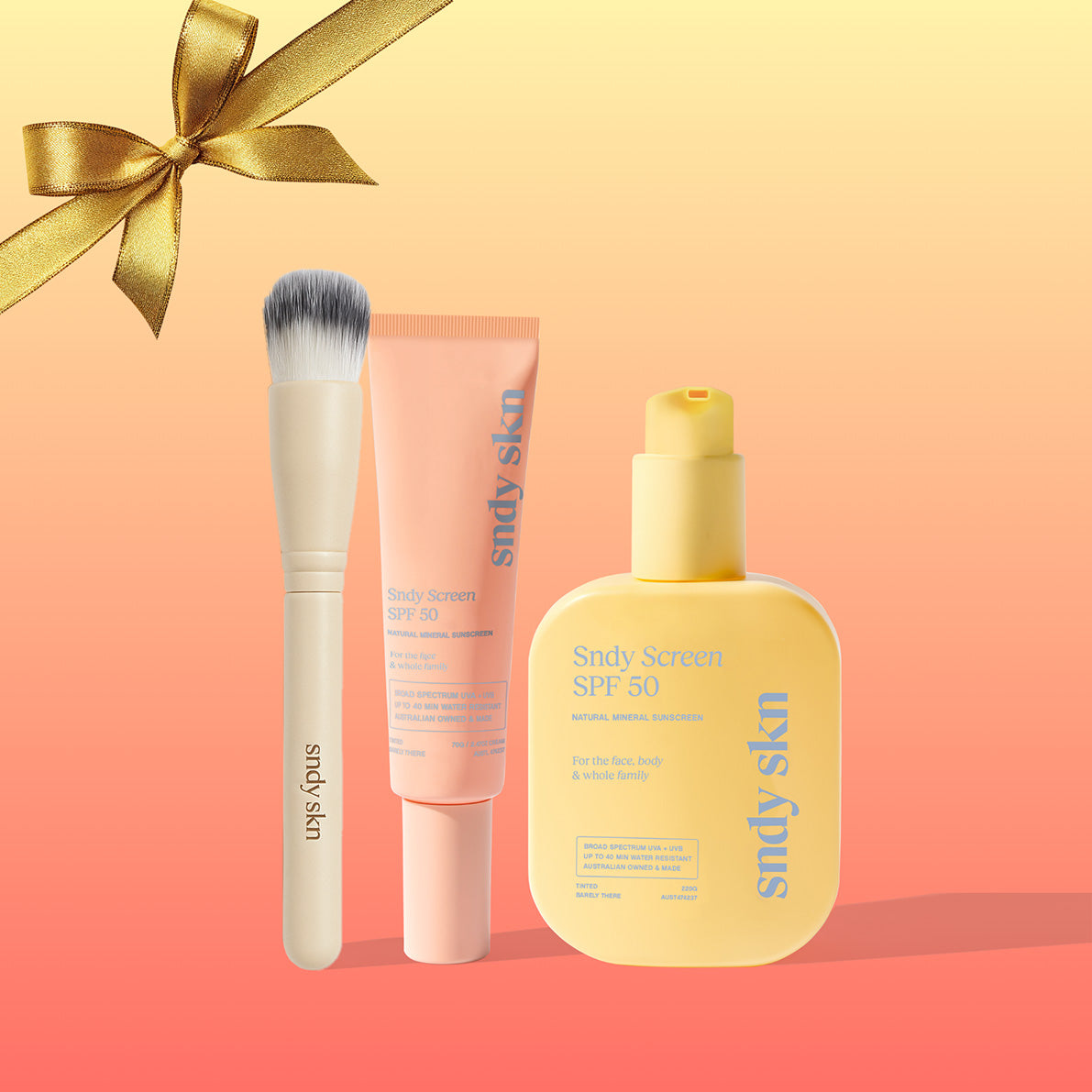 SNDY SKN natural SPF50 sunscreen bottle with reef-safe, vegan ingredients for whole family bundle 