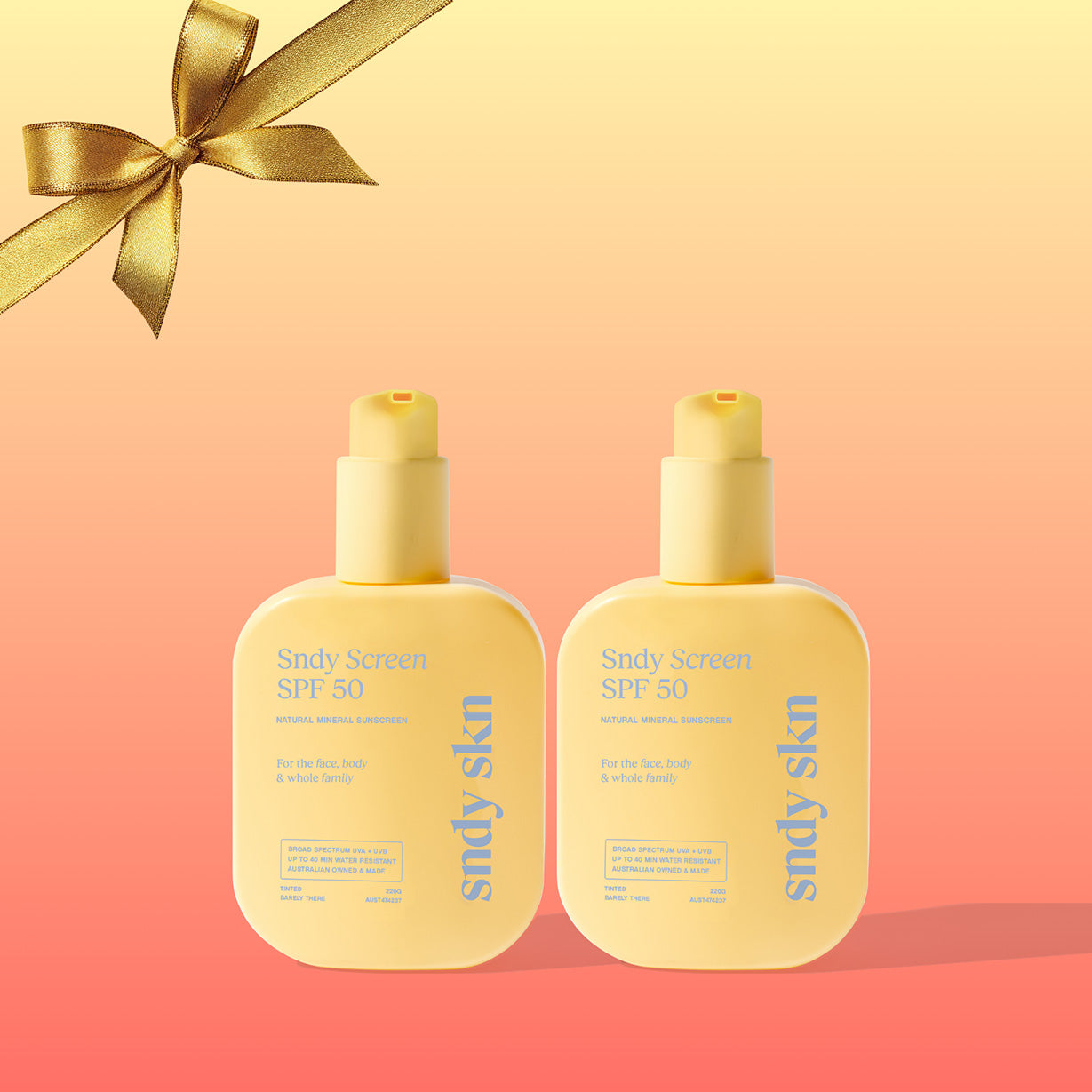 SNDY SKN SPF50 mineral sunscreen texture showing fast-absorbing, non-greasy formula two pack