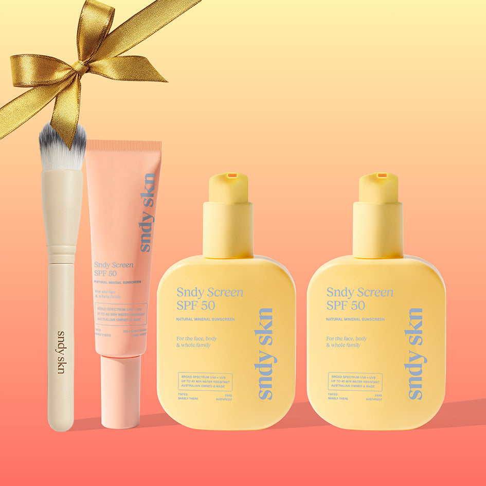 SNDY SKN ultimate essentials SPF kit - natural SPF50 sunscreen bottle with reef-safe, vegan ingredients for whole family